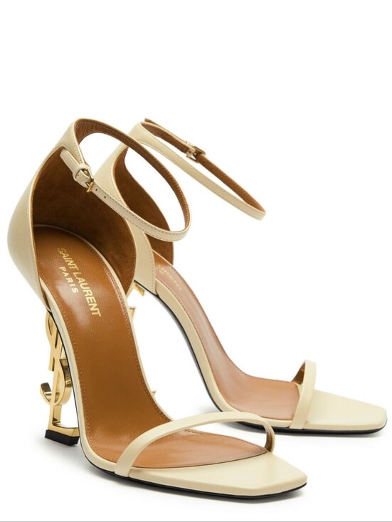 Saint Laurent Shoes - Saint Laurent Opyum 110 Leather Logo-Heel Sandals In Beige Size 35